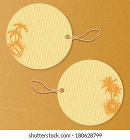 Circluar Labels with Palm Trees, Flip Flops and Starfish on a Brown Textured background