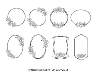 Circlular and round shape frame decorated with rose flower outline vector set