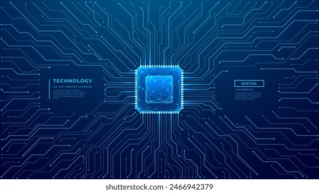 Circuit background with a gloving computer chip in the center. Abstract digital tech bg. Low poly wireframe semiconductor or microchip. CPU on circuit board. Free text space. Vector illustration.