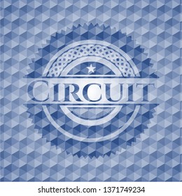 Circuit blue badge with geometric pattern background.