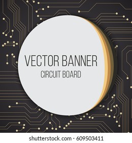 circuit blue black board background with round banner and text. vector illustration