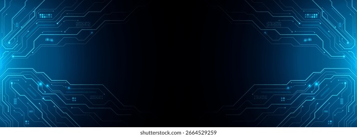 Textura del tablero azul del circuito en fondo negro del Anuncio del Web de la tecnología. Concepto de innovación de chip de IA. Patrón tecnológico sobre un fondo futurista. Ilustración vectorial digital