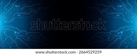 Circuit blue board texture on black technology web banner background. AI chip innovation concept. Tech pattern on a futuristic backdrop. Digital vector illustration