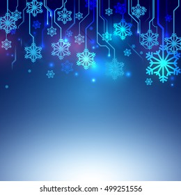 Circuit Blue Lines With Snowflake Abstract Technology Background. Christmas And Technology Concept Design