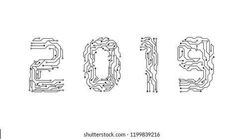 Circuit Board 2019, Technology CPU, Microprocessor Interface. Circuit Number Digital Concept. PCB Illustration Happy New Year 2019