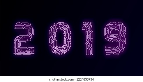 Circuit Board 2019, Technology CPU, Microprocessor Interface. Futuristic. Circuit Number Digital Concept. PCB Illustration Happy New Year 2019