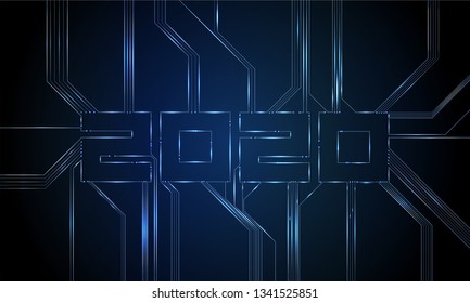 Circuit Board 2020, Technology CPU, Microprocessor Interface. Futuristic Vector Background. Circuit Number Digital Concept. PCB Illustration Happy New Year 2020