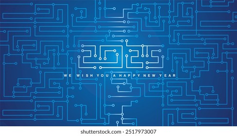 Circuito Tablero 2025. Feliz Año Nuevo 2025. CPU de Tecnología, interfaz de microprocesador. Concepto digital de número de circuito futurista de alta tecnología. Ilustración de PCB sobre fondo azul
