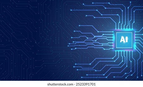 Circuit board abstract with artificial intelligence logo chip technology or central processing unit AI. Blue pattern background editable 