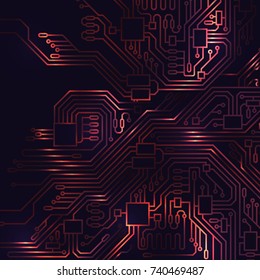Circuit board abstract background. Vector futuristic illustration. Microchip luminous copper pattern for design. Microprocessor shiny scheme. Hardware technology concept