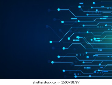 Circuit board. Abstract blue background with dots and lines