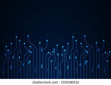 Circuit board. Abstract blue background with dots and lines