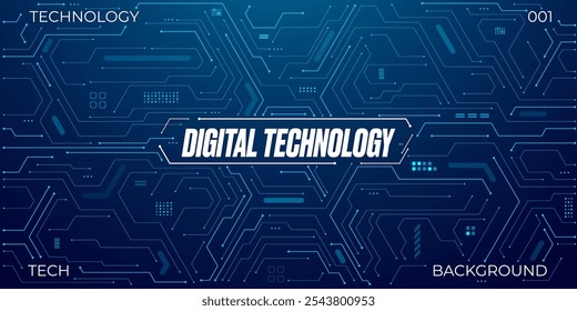 Circuit board. Abstract technology background with text. Tech bg in electric blue. Big data and AI chip concept.  Digital banner in navy blue. Futuristic computer pattern. Vector illustration top view