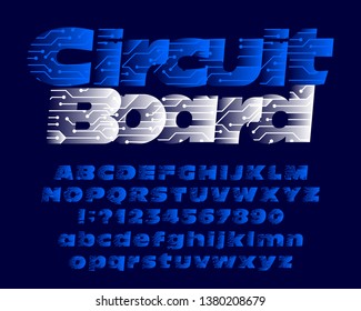 Circuit board alphabet font. Uppercase and lowercase. Digital hi-tech style letters and numbers. Easy color change.