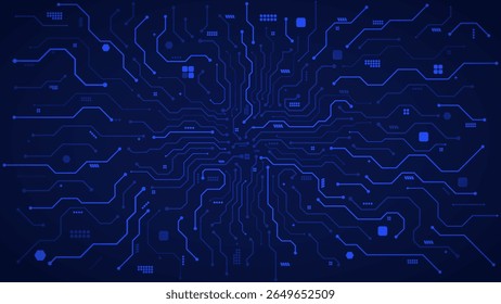 circuit board, artificial intelligence, CPU mother board with connecting paths and electric components in blue background template