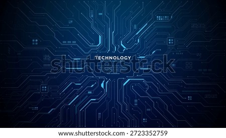 Circuit board background with glowing blue tech patterns and digital chip elements on dark surface, perfect space for text overlay. Digital technology vector background. 
