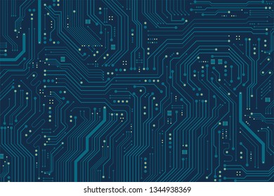 Circuit board background. Horizontal format. Flat Microelectronics Circuits background. dark blue version.