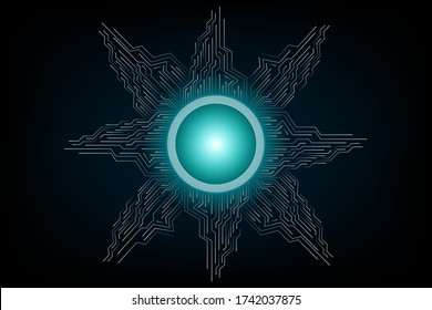 The circuit board background image, a technology with a blue glowing energy source in the center and spreading out into a eight pointed star.