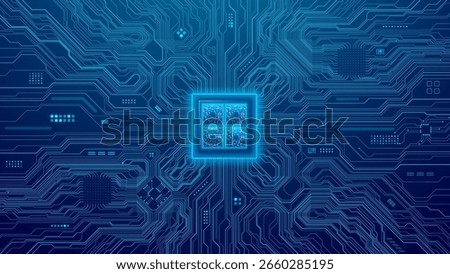 Circuit Board Background with quantum semiconductor. Light Gloving Computer Core and Circuit Components. Artificial Intelligence Power Semiconductor on Technology bg. Digital Vector Illustration.