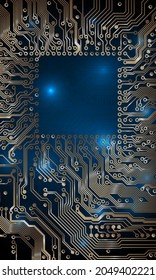 Circuit board background. Technological concept design, light background, space for text, copy space. Electronic computer technology, digital chip, analog circuit. Banner, presentation. Vector