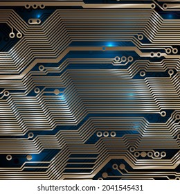 Circuit board background. Technology concept, dark background. Analog circuit. Electronic computer technology, digital chip. Banner, presentation. Space for text, copy space. Vector design