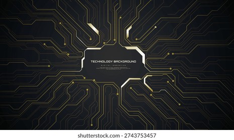 Фон печатной платы Технология связала золотые линии с элементами электроники на технологическом фоне.	