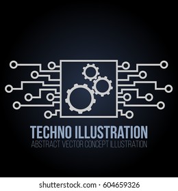 Circuit board banner vector on black background. Gears, engineering and tech, motherboard and computer design, vector illustration