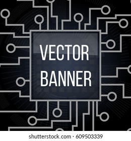 Circuit board banner vector on black background. Motherboard and computer design, illustration illustration