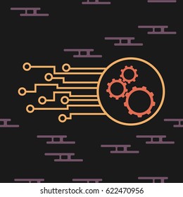 Circuit board banner vector on dark background. Gears, engineering and tech, motherboard and computer design, vector illustration