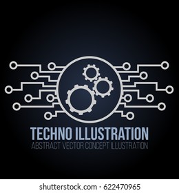 Circuit board banner vector on black background. Gears, engineering and tech, motherboard and computer design, vector illustration