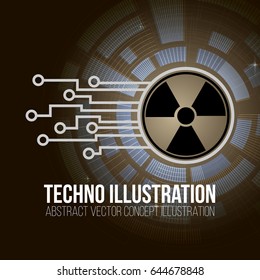 Circuit board banner vector on dark background. Sign of radiation, engineering and tech, motherboard and computer design, vector illustration