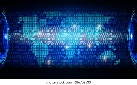 Circuit Board With Binary Code Vector Background. Blue Abstract Elements Space Cyber World Map Digital Security Number Hi Technology Concept Illustration.