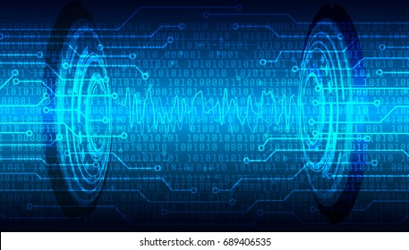 Circuit Board With Binary Code Vector Background. Blue Abstract Digital Pulse Signal Communication Security Number Technology Concept Illustration.