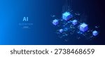 Circuit board with blockchain cube in glowing blue tones. Ai technology big data concept. Cybersecurity and digital blocks infrastructure.