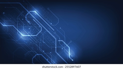 Circuit board blue technology background.Vector abstract technology illustration Circuit board on dark blue background.High-tech circuit board connection system concept.	