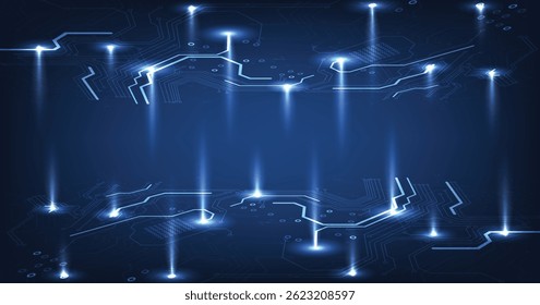 Circuit board blue technology background.Vector abstract technology illustration Circuit board on dark blue background.High-tech circuit board connection system concept.	