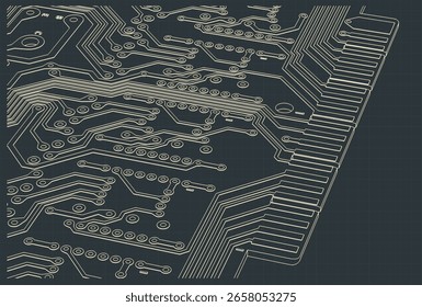 Circuit board blueprint close up stylized vector illustration