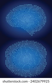 Circuit board brains. Artificial intelligence microchip, AI chip and digital brain processor vector illustration. Digital data security technology, futuristic computer system concept