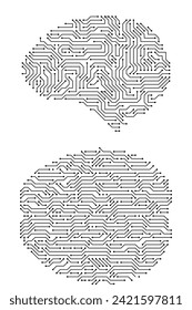 Cerebros del tablero de circuitos. Microchip de inteligencia artificial, chip de IA e ilustración vectorial del procesador cerebral digital. Tecnología de seguridad de datos digitales, concepto de sistema informático futurista