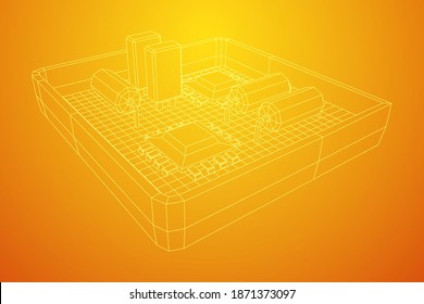 Circuit board in case. Electronic computer components motherboard. Semiconductor microchip, diode. Hardware parts. Wireframe low poly mesh vector illustration.