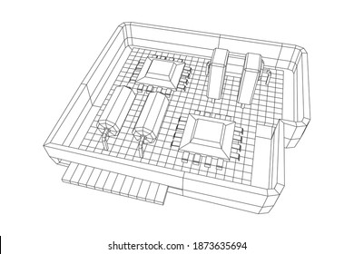 Circuit board in case. Electronic computer components motherboard. Semiconductor microchip, diode. Hardware parts. Wireframe low poly mesh vector illustration.