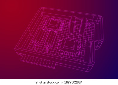 Circuit board in case. Electronic computer components motherboard. Semiconductor microchip, diode. Hardware parts. Wireframe low poly mesh vector illustration.