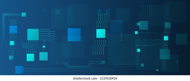 circuit board and chip computer electronic or electrical line on blue engineering technology concept vector panorama background