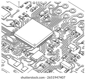 Circuit board with chip drawing close up stylized vector illustration
