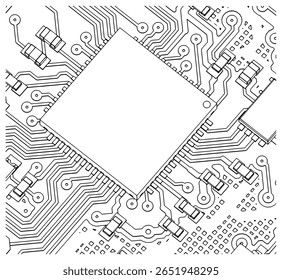 Circuit board with chip drawing close up stylized vector illustration