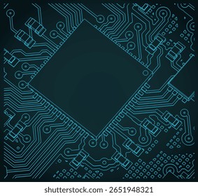 Circuit board with chip drawing close up stylized vector illustration