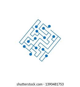 Circuit board chip icon. abstract square shape IT maze. Technology symbol. Computer software concept. Power elements. Flat design. Vector Illustration.