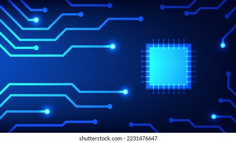 Tarjeta de circuito con chip sobre fondo de iluminación azul. concepto de elemento de diseño gráfico de tecnología y alta tecnología