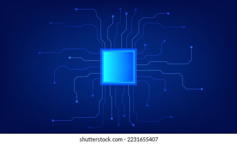 Circuit board with chip on blue lighting background. technology and hi tech graphic design element concept