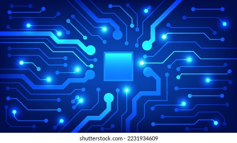 Circuit board with chip on blue lighting background. technology and hi tech graphic design element concept